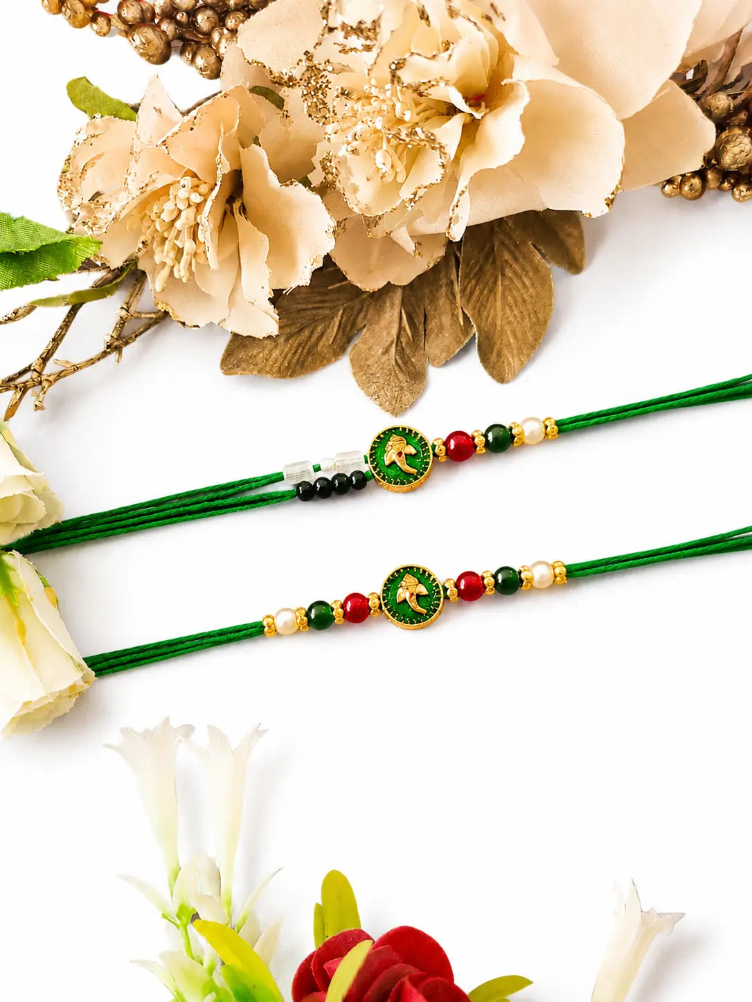 Premium Bhai Bhabhi Rakhi Pair RBB18 by Naari Ratan with green thread and decorative beads for Raksha Bandhan.