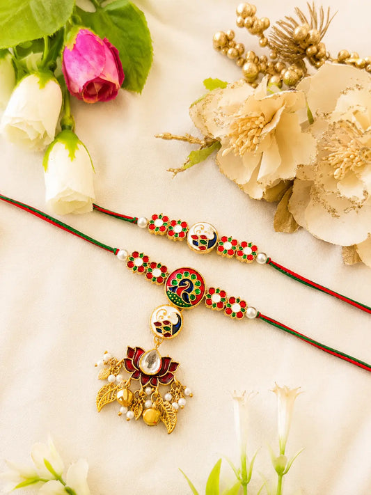 Handmade Bhai Bhabhi Rakhi RBB25 with Peacock Design and Lotus Lumba Rakhi by Naari Ratan