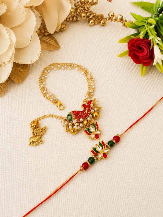 Premium handmade Bhai Bhabhi Rakhi Pair RBB33 with peacock lumba bracelet and floral designer rakhi by Naari Ratan