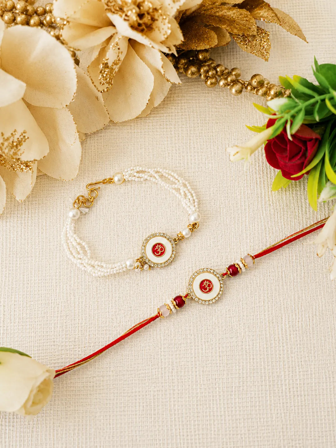 Premium Bhai Bhabhi Rakhi Pair RBB34 with Om designer rakhi and pearl bracelet by Naari Ratan