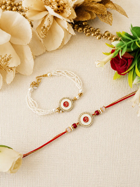 Premium Bhai Bhabhi Rakhi Pair RBB34 with Om designer rakhi and pearl bracelet by Naari Ratan