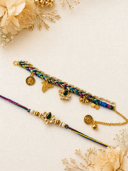 Premium Handmade Bhai Bhabhi Rakhi Pair RBB36 with Multicolor Thread Rakhi and Matching Lumba Bracelet by Naari Ratan