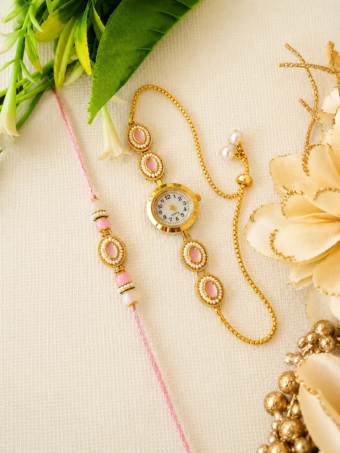 Premium Bhai Bhabhi Rakhi Pair RBB37 with Pink Watch Style Lumba Rakhi by Naari Ratan