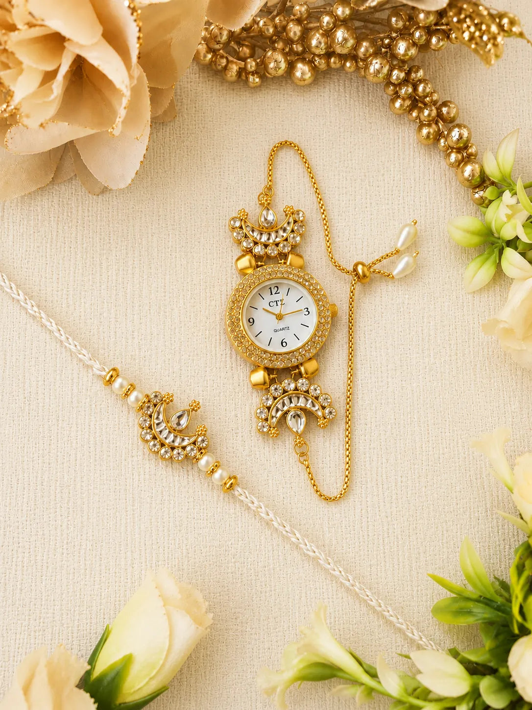 Premium Bhai Bhabhi Rakhi Pair RBB38 with White Stone Rakhi and Watch Style Lumba by Naari Ratan