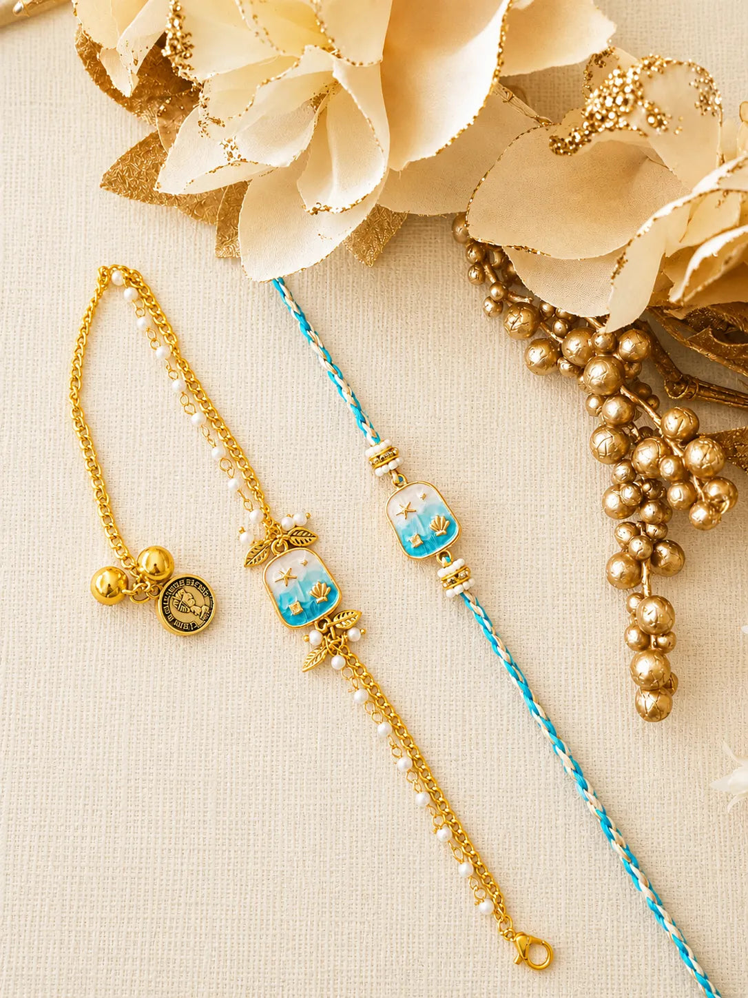 Premium Bhai Bhabhi Rakhi Pair RBB39 with Ocean Blue Designer Lumba Rakhi by Naari Ratan