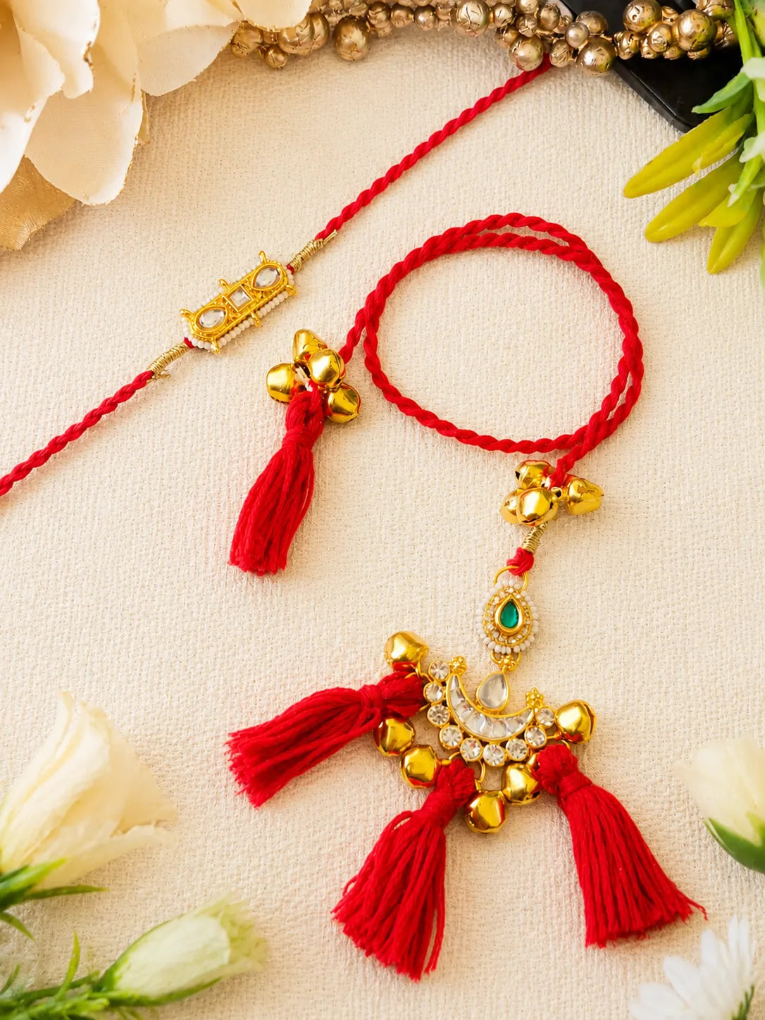 Premium Bhai Bhabhi Rakhi Pair RBB44 with Red Tassel Designer Lumba Rakhi by Naari Ratan