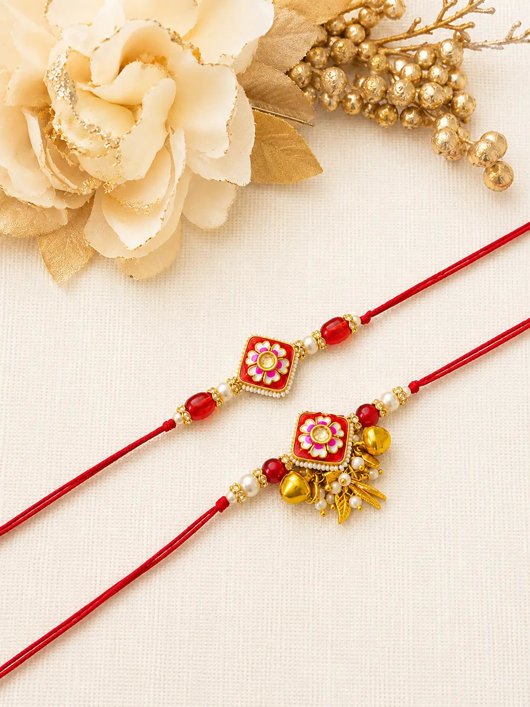 Premium Bhai Bhabhi Rakhi Pair RBB45 with Red Floral Handmade Lumba Rakhi by Naari Ratan