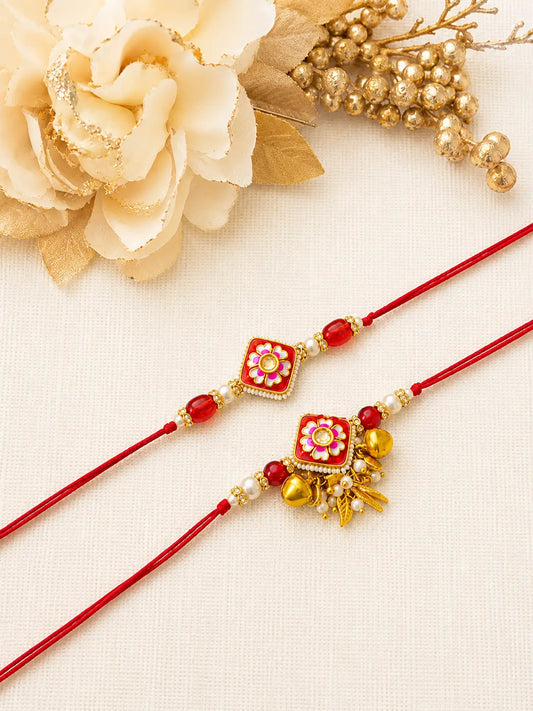 Premium Bhai Bhabhi Rakhi Pair RBB45 with Red Floral Handmade Lumba Rakhi by Naari Ratan
