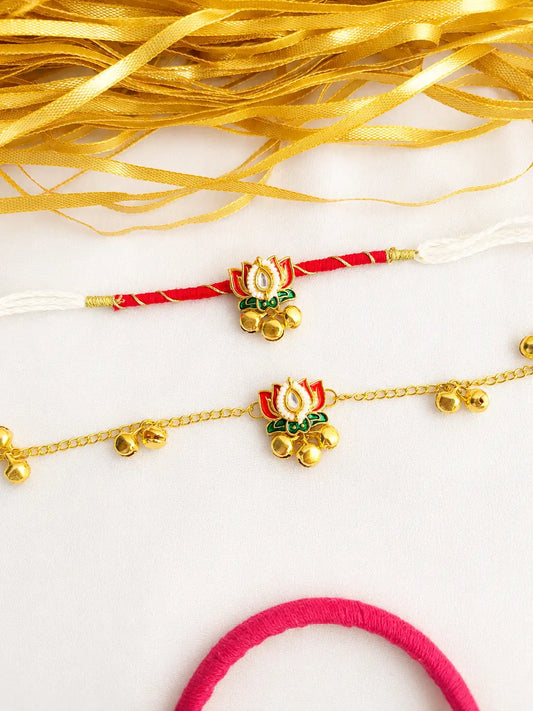 Premium Bhai Bhabhi Rakhi Pair RBB68 with Pink Floral Kundan Rakhi and Pink Stone Lumba Bracelet by Naari Ratan