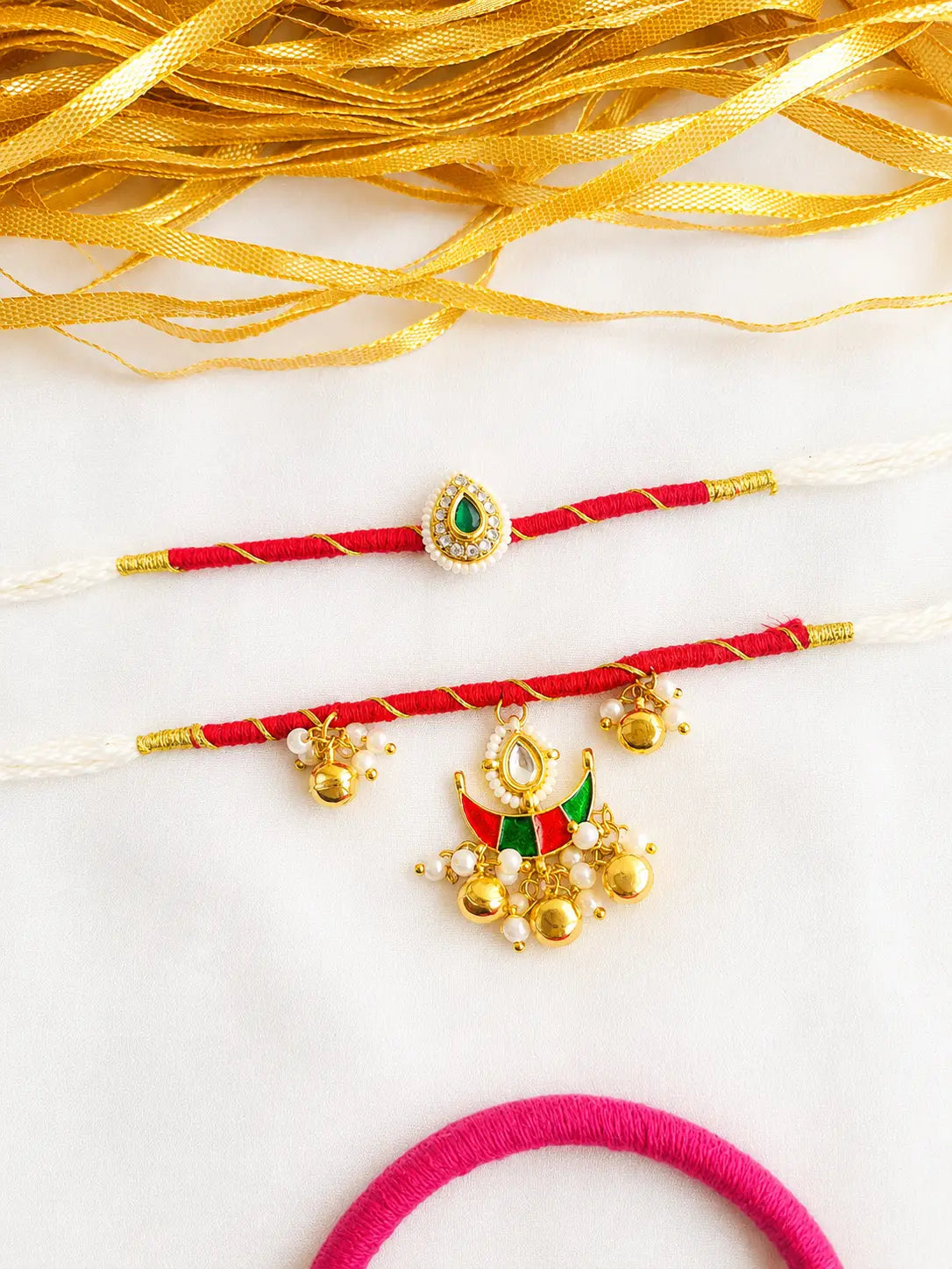 Premium Bhai Bhabhi Rakhi Pair RBB69 with Pink Floral Kundan Rakhi and Pink Stone Lumba Bracelet by Naari Ratan