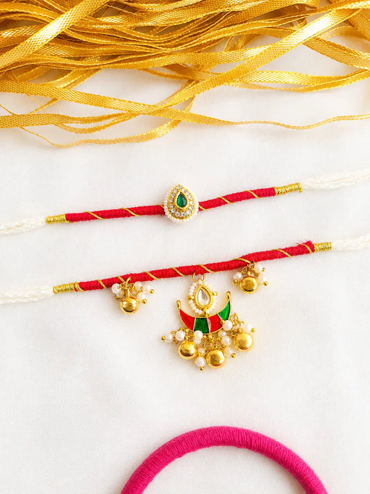 Premium Bhai Bhabhi Rakhi Pair RBB69 with Pink Floral Kundan Rakhi and Pink Stone Lumba Bracelet by Naari Ratan