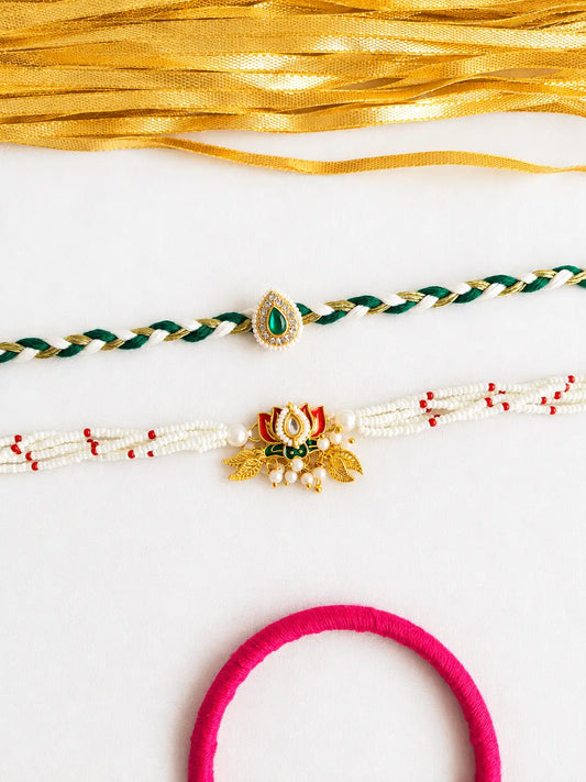 Premium Bhai Bhabhi Rakhi Pair RBB71 with Pink Floral Kundan Rakhi and Pink Stone Lumba Bracelet by Naari Ratan