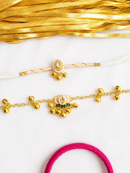 Premium Bhai Bhabhi Rakhi Pair RBB72 with Pink Floral Kundan Rakhi and Pink Stone Lumba Bracelet by Naari Ratan