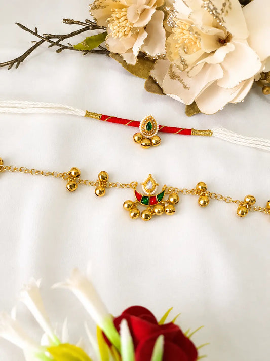 Premium Bhai Bhabhi Rakhi Pair RBB73 with Pink Floral Kundan Rakhi and Pink Stone Lumba Bracelet by Naari Ratan