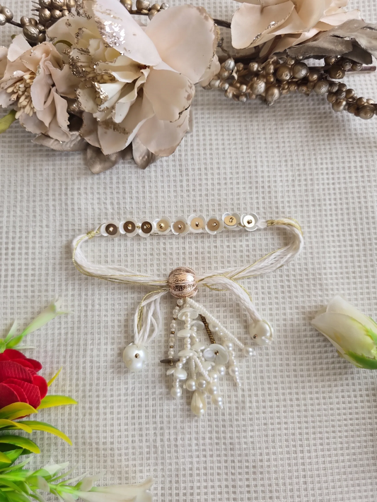 Handmade Sister Bhabhi Lumba Rakhi SB01 with pearl tassel and kundan design by Naari Ratan