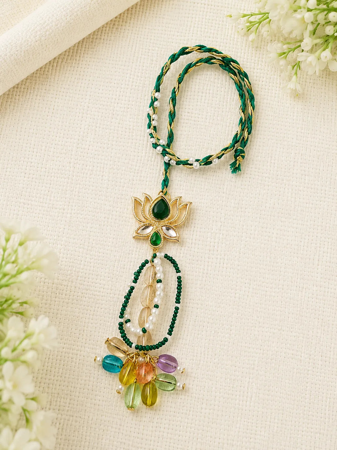 Handmade Sister Bhabhi Lumba Rakhi SB02 with pearl tassel and kundan design by Naari Ratan
