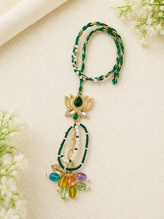 Handmade Sister Bhabhi Lumba Rakhi SB02 with pearl tassel and kundan design by Naari Ratan