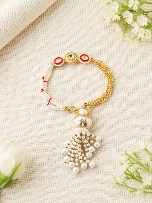 Handmade Sister Bhabhi Lumba Rakhi SB11 with pearl tassel and kundan design by Naari Ratan